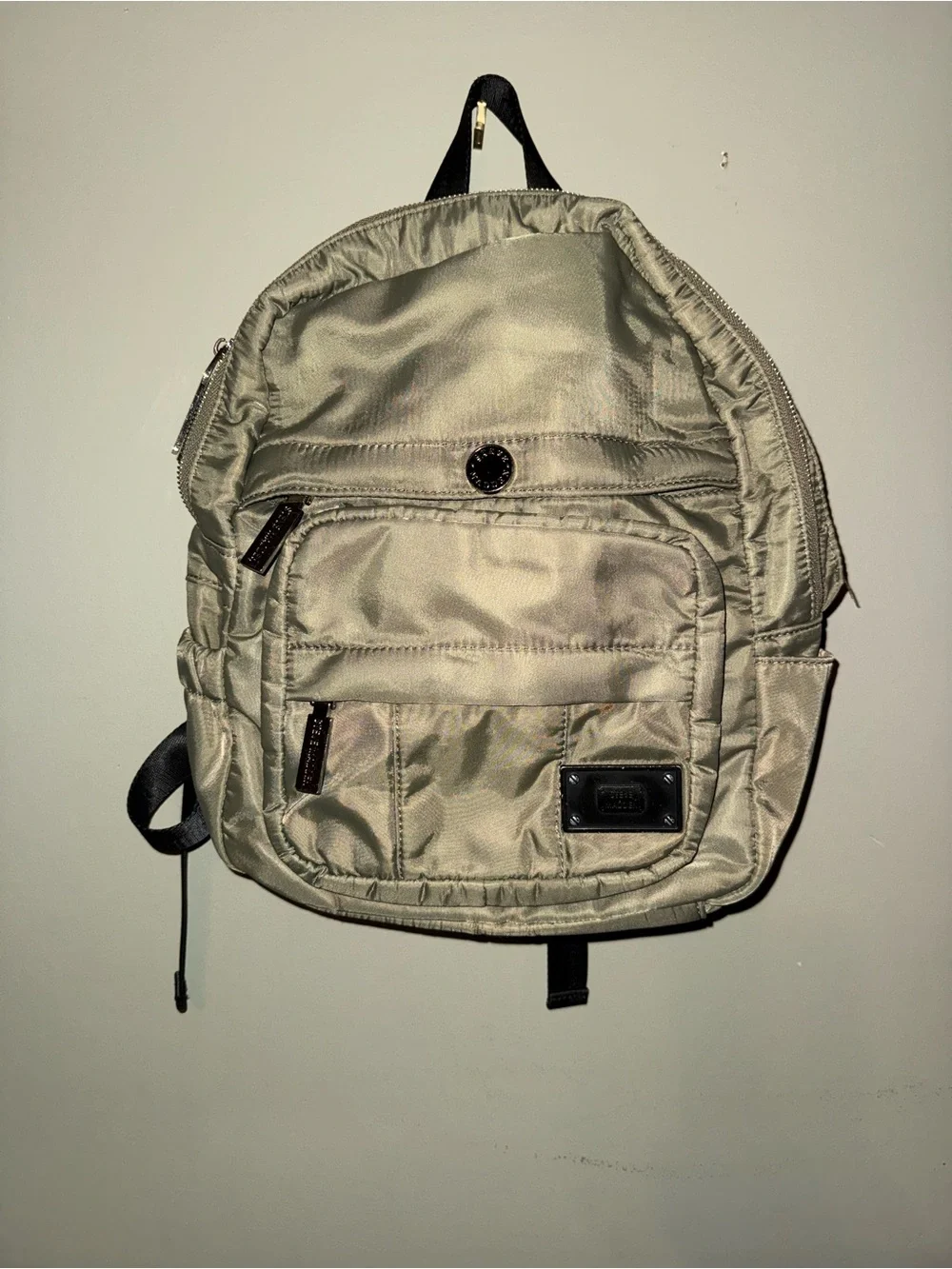 Steve Madden Light Beige Nylon Backpack with Front Zip Pockets